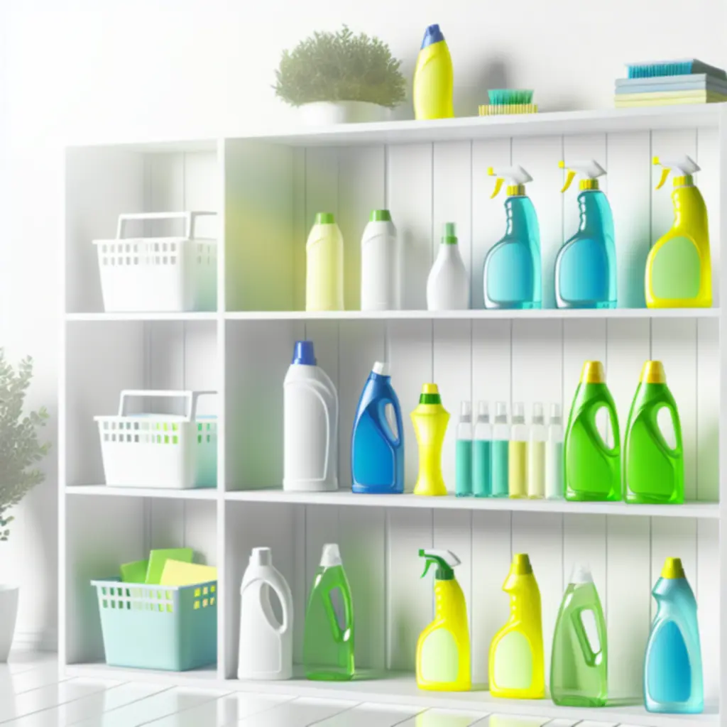 Starannie ułożone środki czystości na jasnych półkach