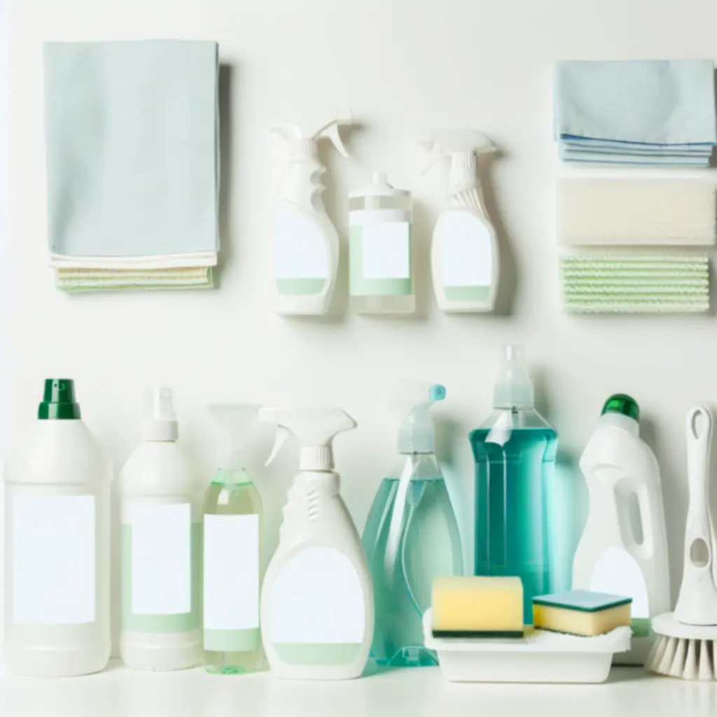 Zestaw wyselekcjonowanych środków czystości, detergentów i akcesoriów do sprzątania